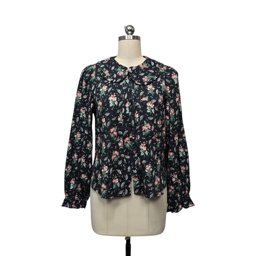 Pilcro Anthropologie Black Floral Peter Pan Collar‎ Ruffle Blouse Size Medium